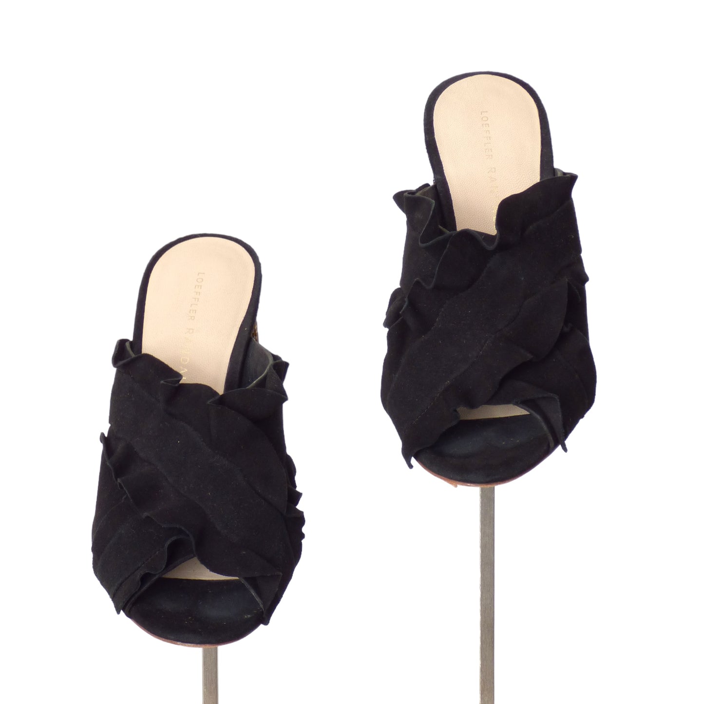 LOEFFLER RANDALL-Black Ruffled Suede & Jeweled Mules, Size-8