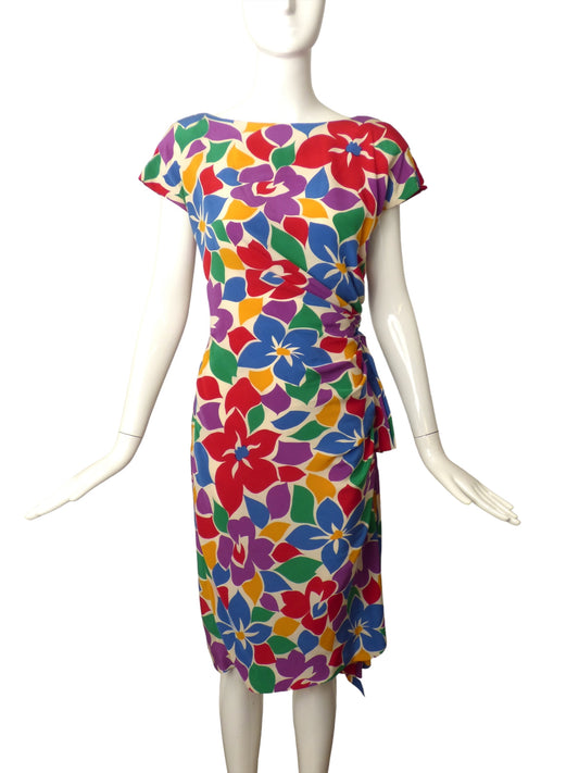 OSCAR DE LA RENTA- 1980s Floral Print Silk Draped Dress, Size 8