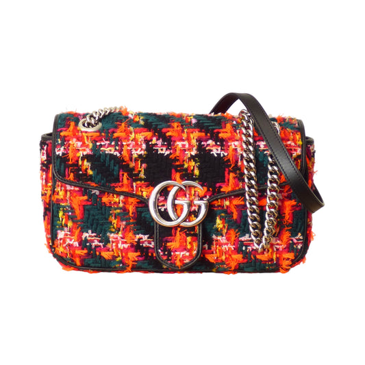 GUCCI-Tweed Calfskin Small GG Marmont Shoulder Bag