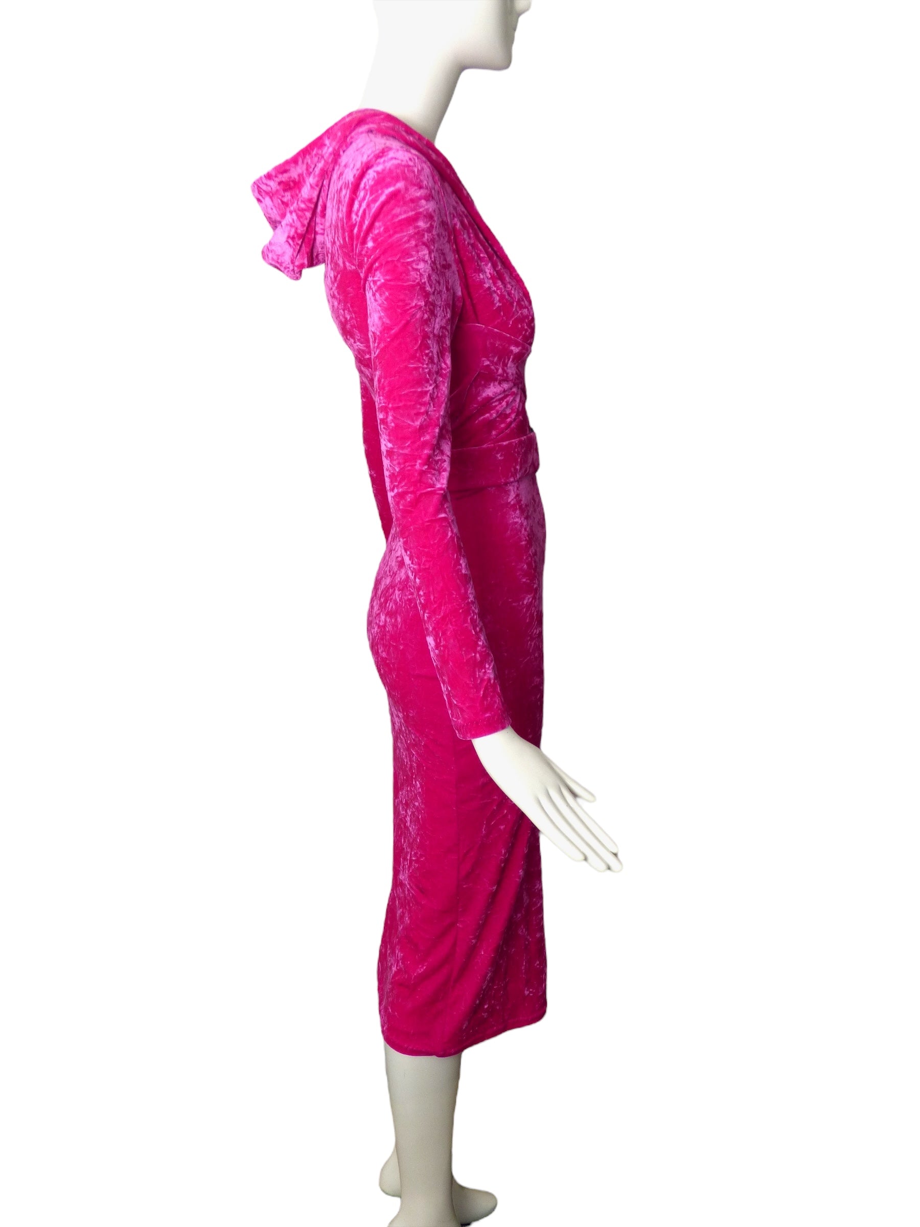 Versace Hooded Long Sleeve Deep V-Neck Crushed Velvet Midi Dress in Pink Versace Hooded Long Sleeve Deep V-Neck Crushed Velvet Midi Dress in Pink