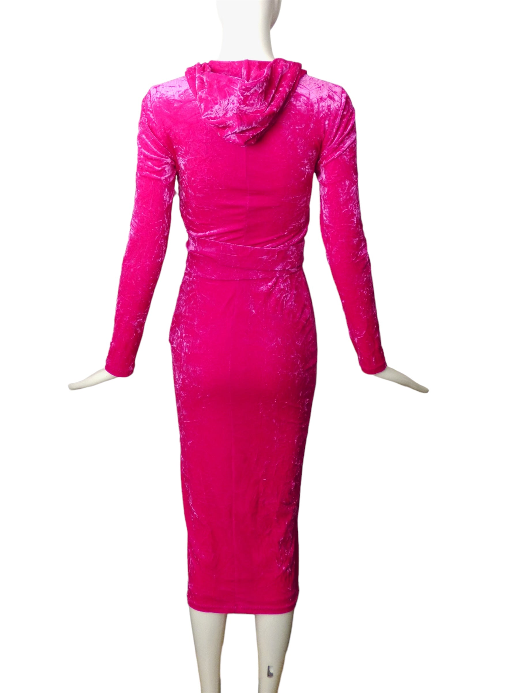 Versace Hooded Long Sleeve Deep V-Neck Crushed Velvet Midi Dress in Pink Versace Hooded Long Sleeve Deep V-Neck Crushed Velvet Midi Dress in Pink