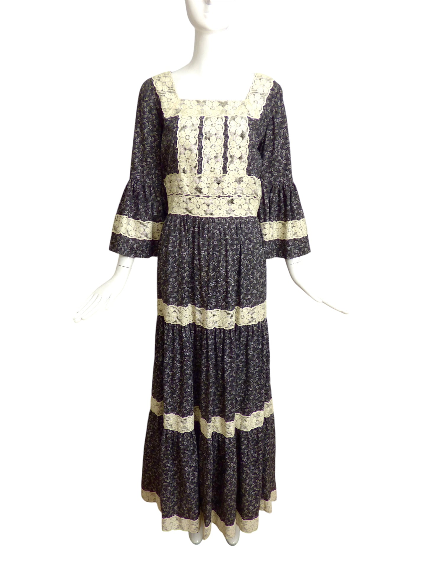 1970s Cotton & Lace Peasant Maxi Dress, Size 8