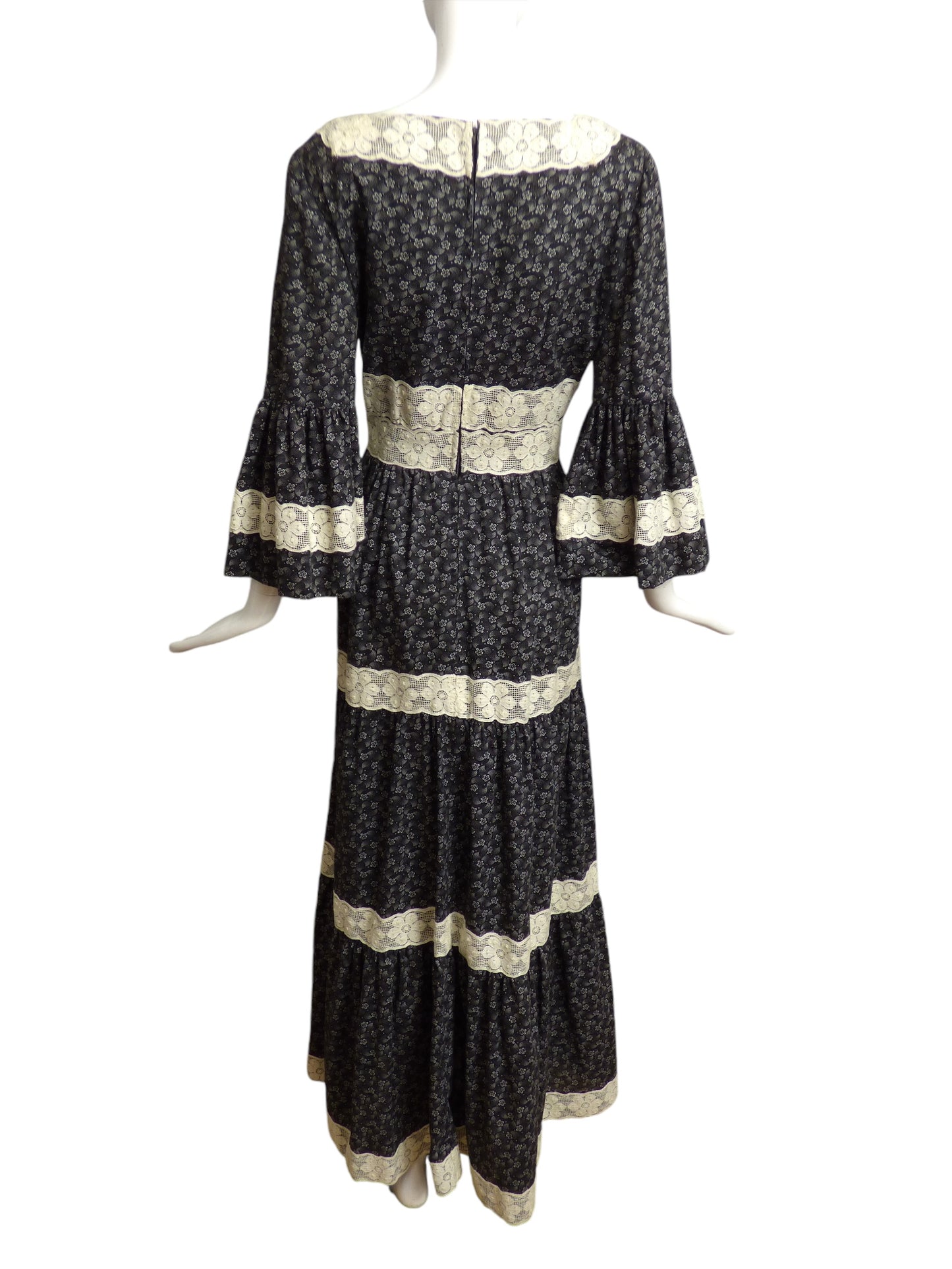 1970s Cotton & Lace Peasant Maxi Dress, Size 8