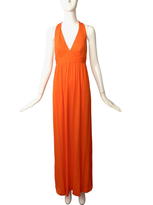 1970s Orange Knit Maxi Dress & Scarf, Size 6