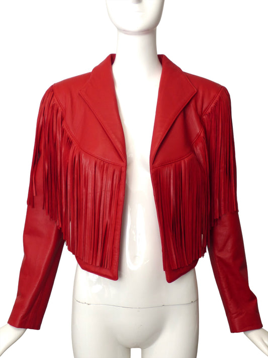 1990s Red Leather Fringe Jacket, Size 6