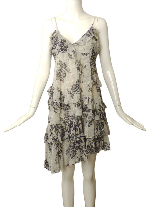 JOHN GALLIANO- Chiffon Ruffled Lace Print Dress, Size 8