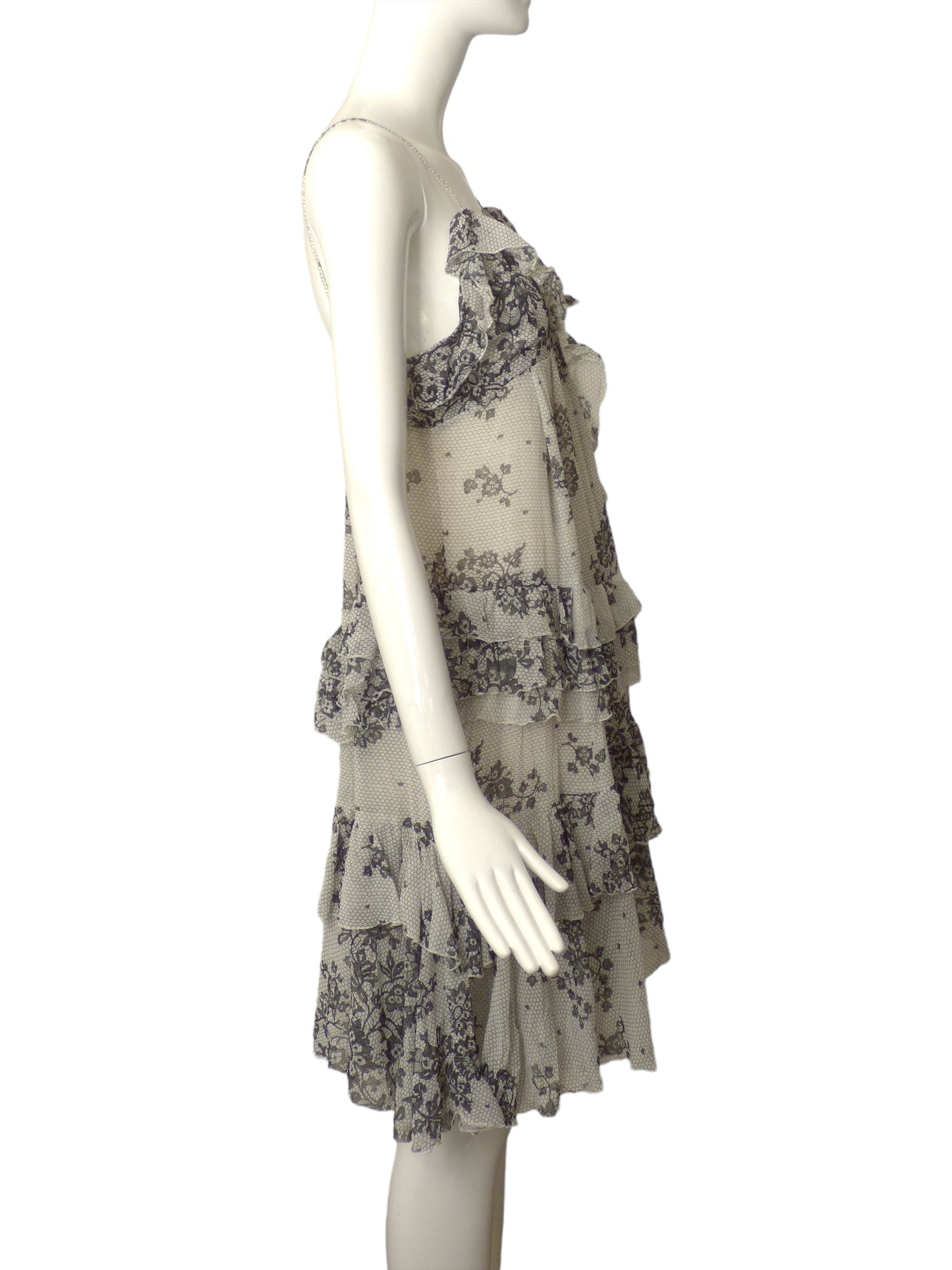 JOHN GALLIANO- Chiffon Ruffled Lace Print Dress, Size 8