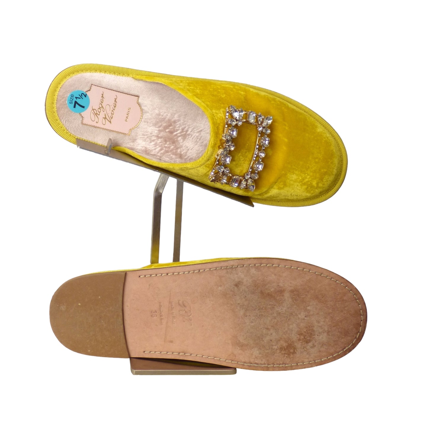 ROGER VIVIER-Yellow Velvet & Rhinestone Slides, Size-38