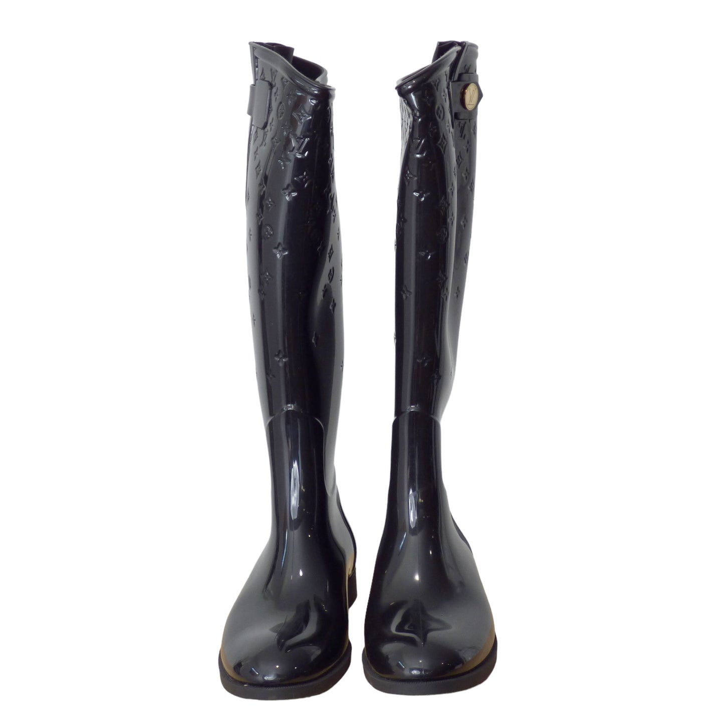 LOUIS VUITTON- Black Monogram Rubber Rain Boots, Size 37