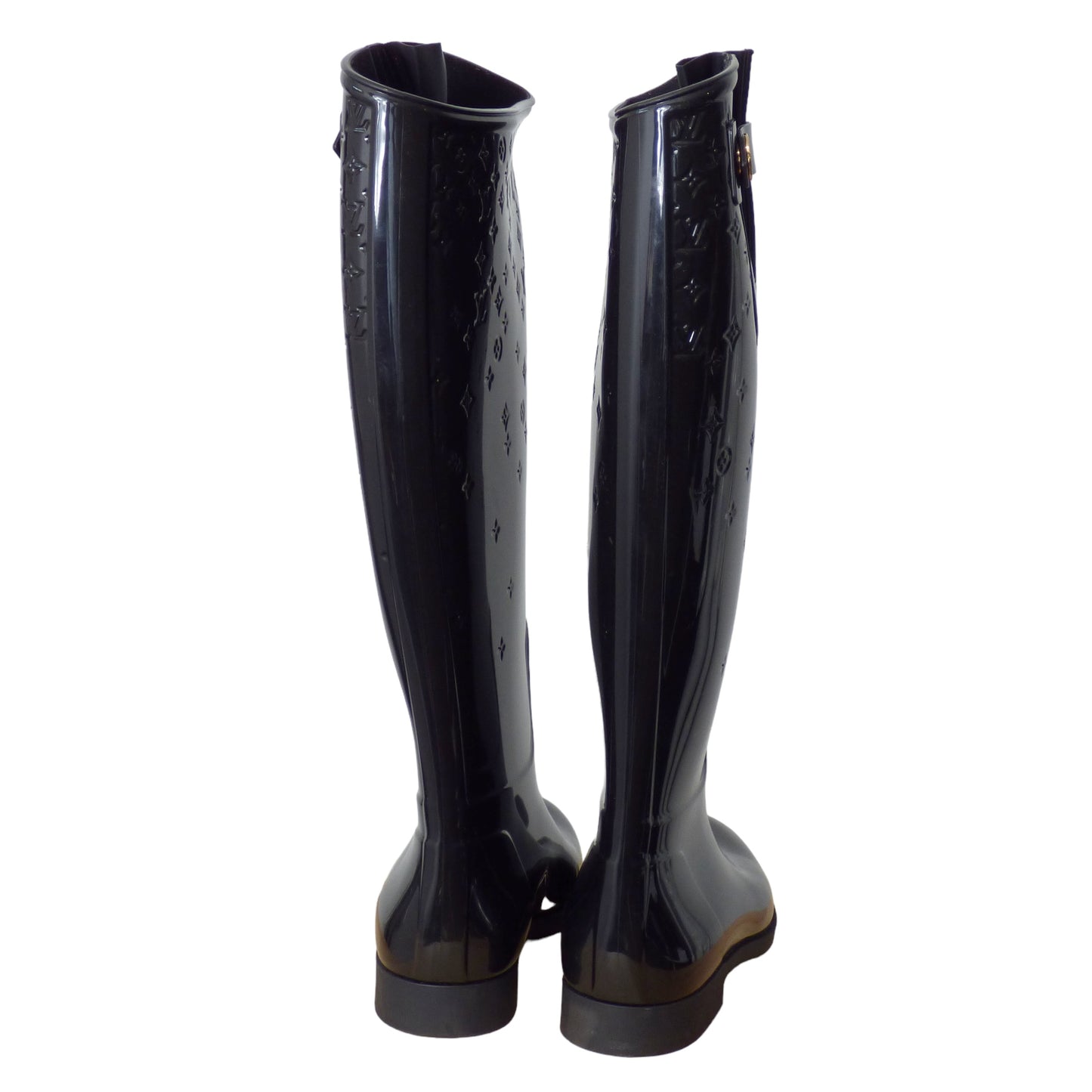 LOUIS VUITTON- Black Monogram Rubber Rain Boots, Size 37