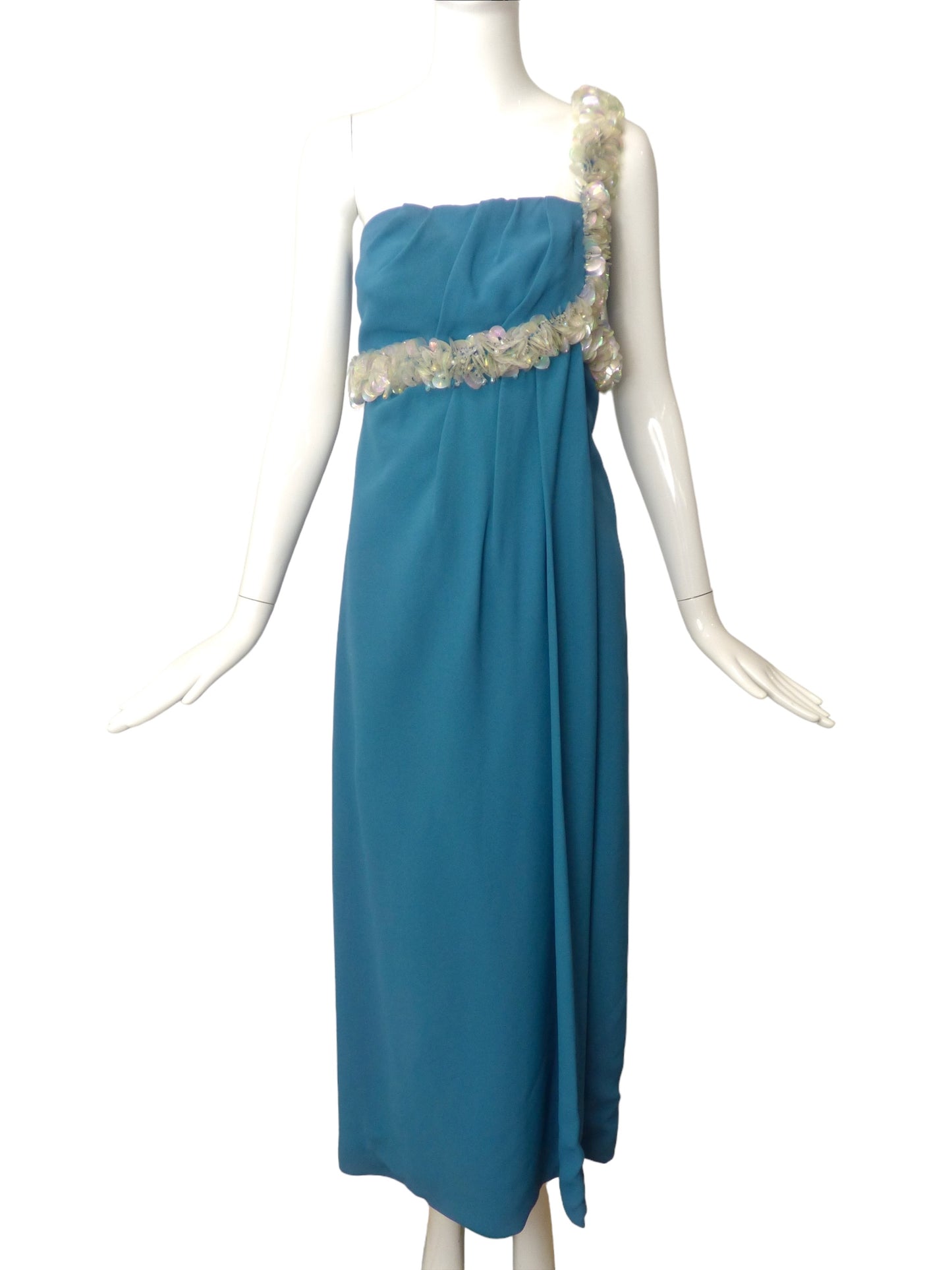 1960s Blue Crepe & Paillette Evening Gown, Size 8