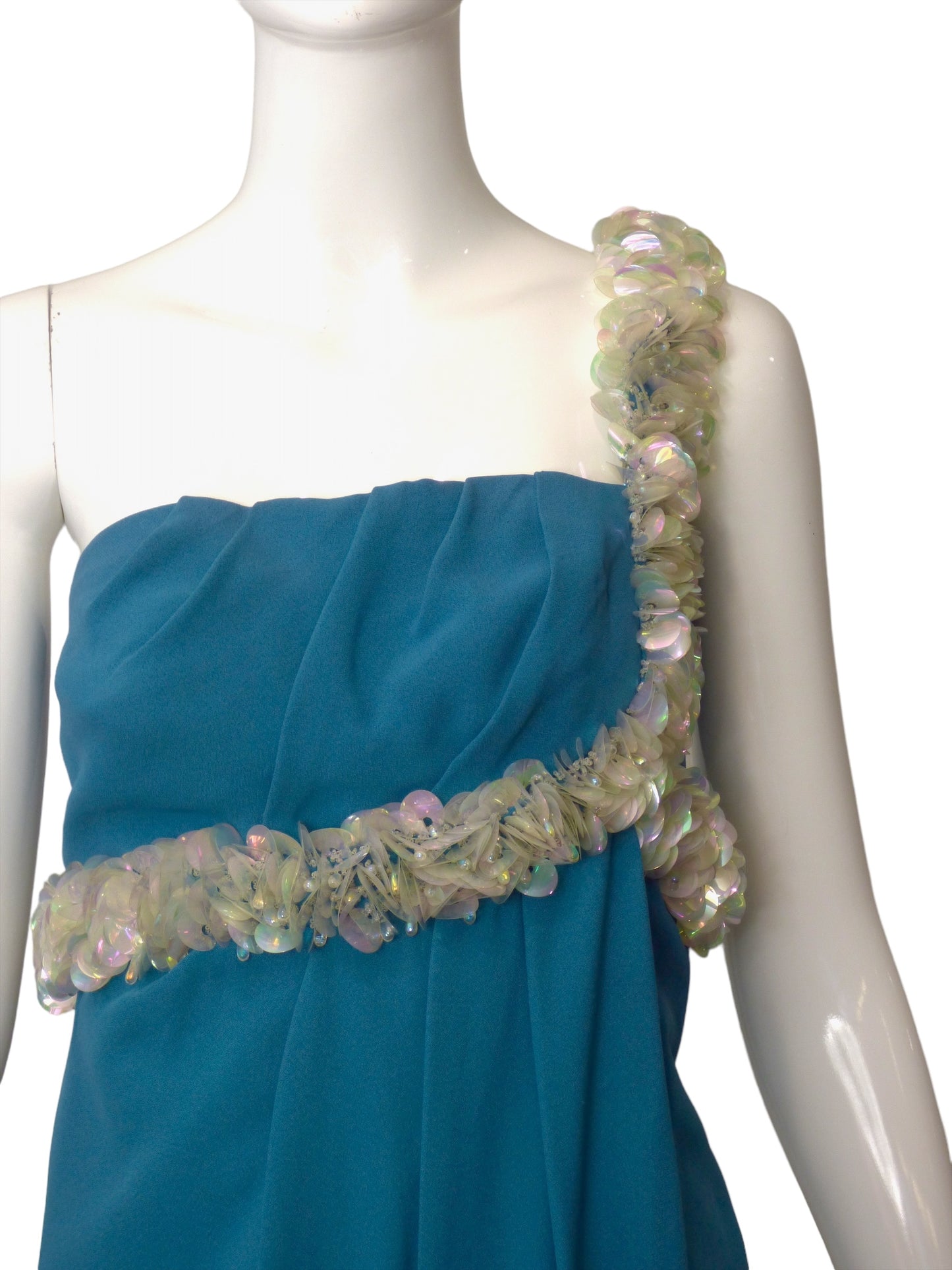 1960s Blue Crepe & Paillette Evening Gown, Size 8