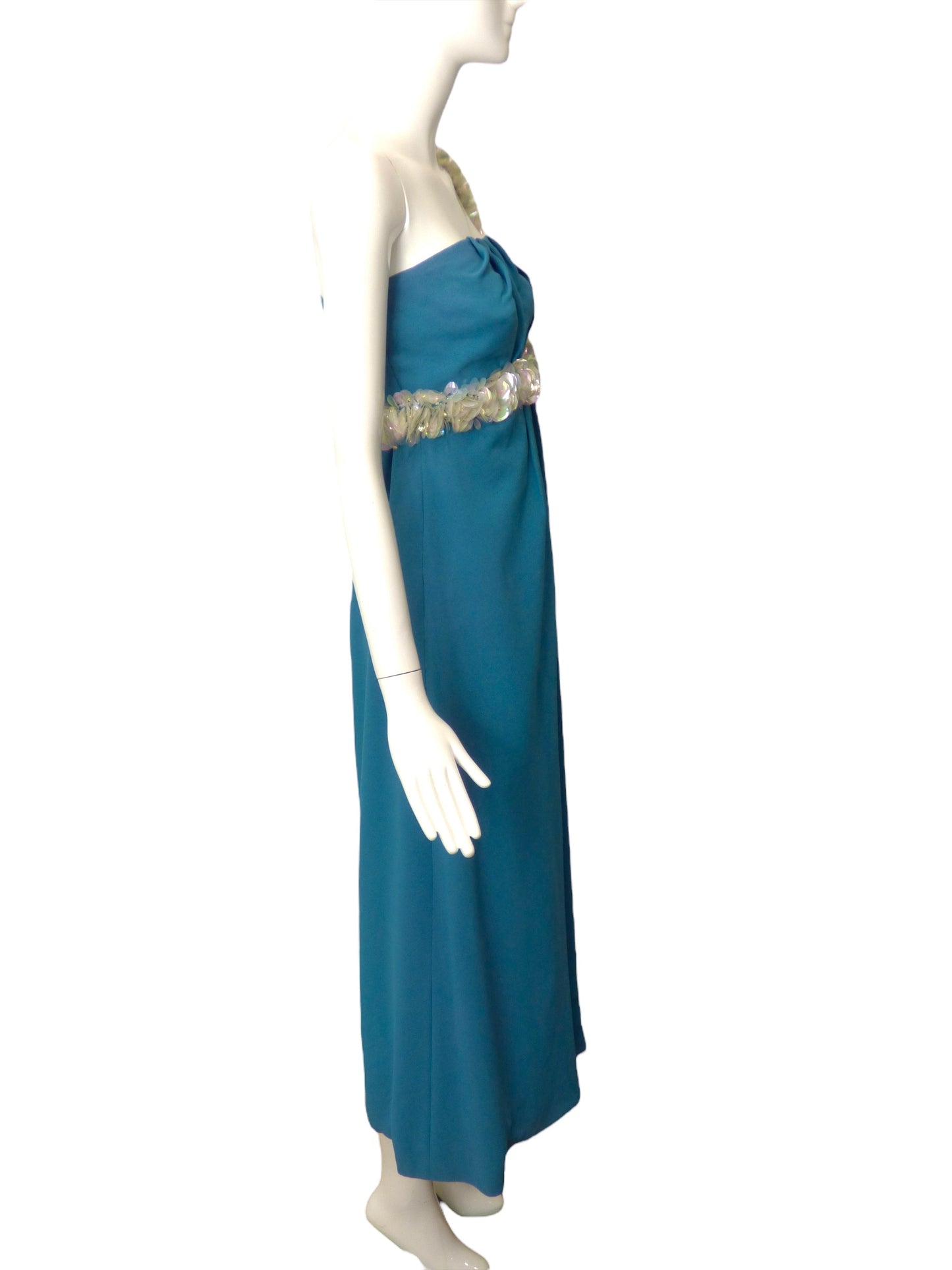 1960s Blue Crepe & Paillette Evening Gown, Size 8