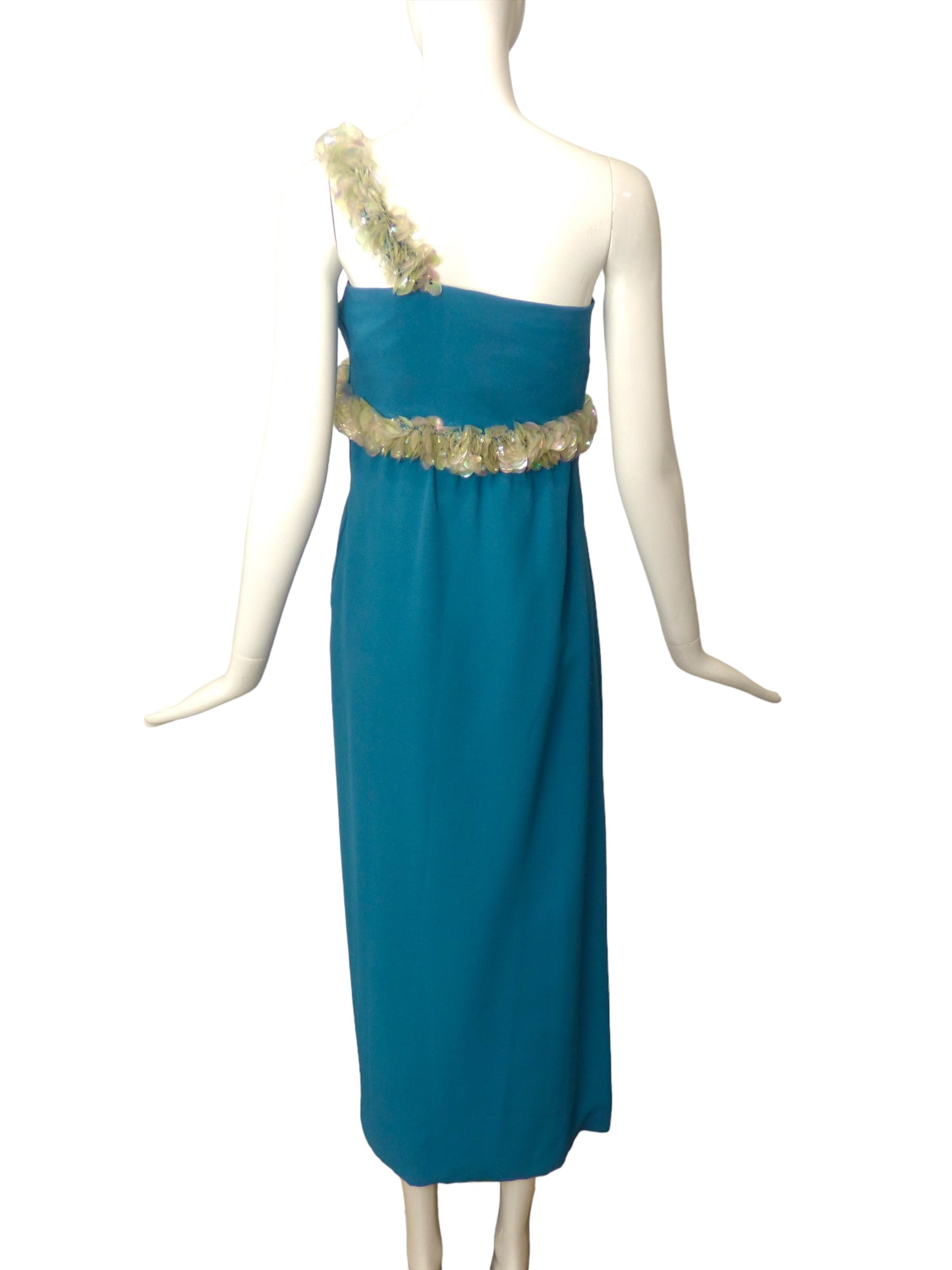 1960s Blue Crepe & Paillette Evening Gown, Size 8