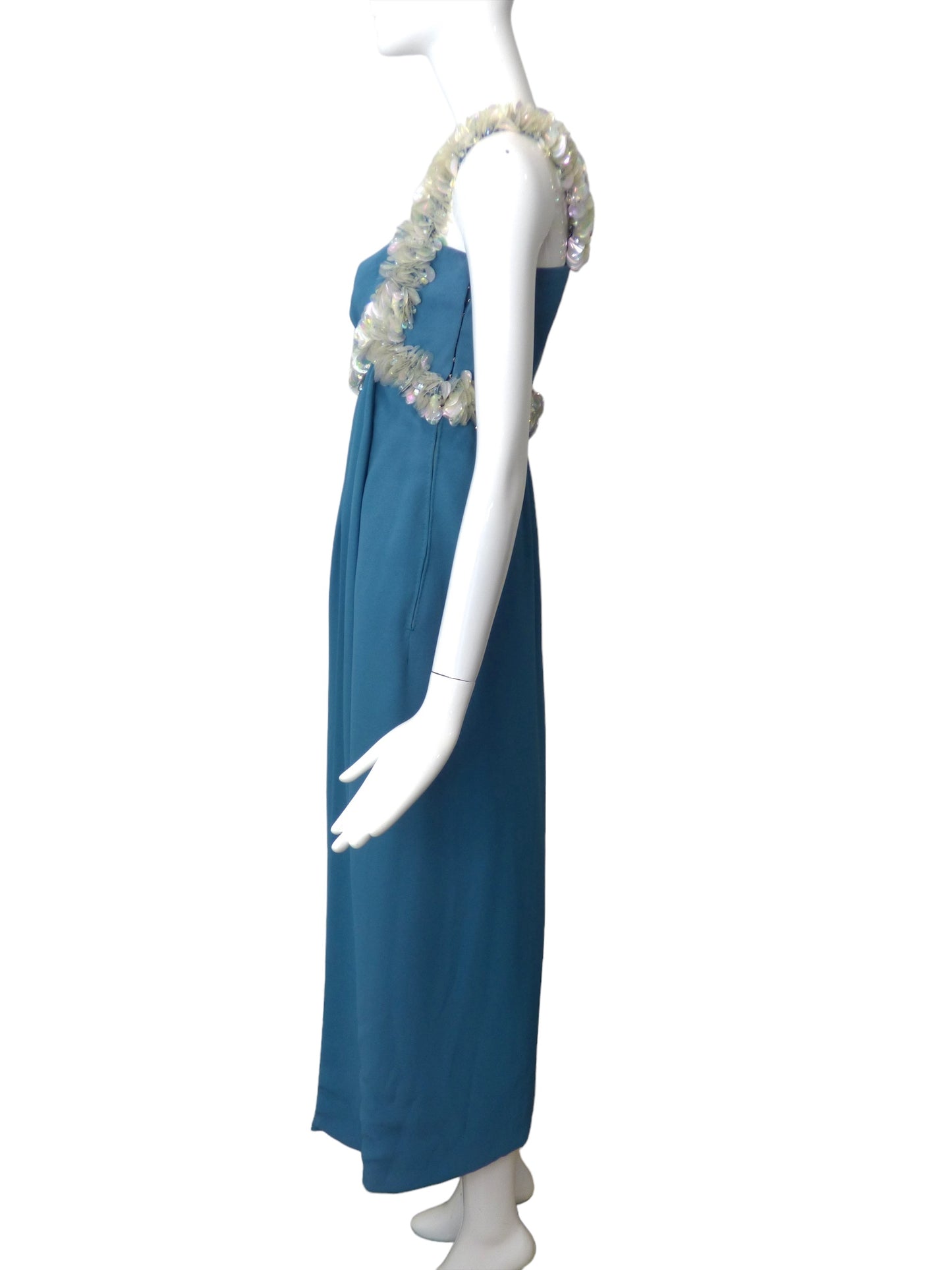 1960s Blue Crepe & Paillette Evening Gown, Size 8