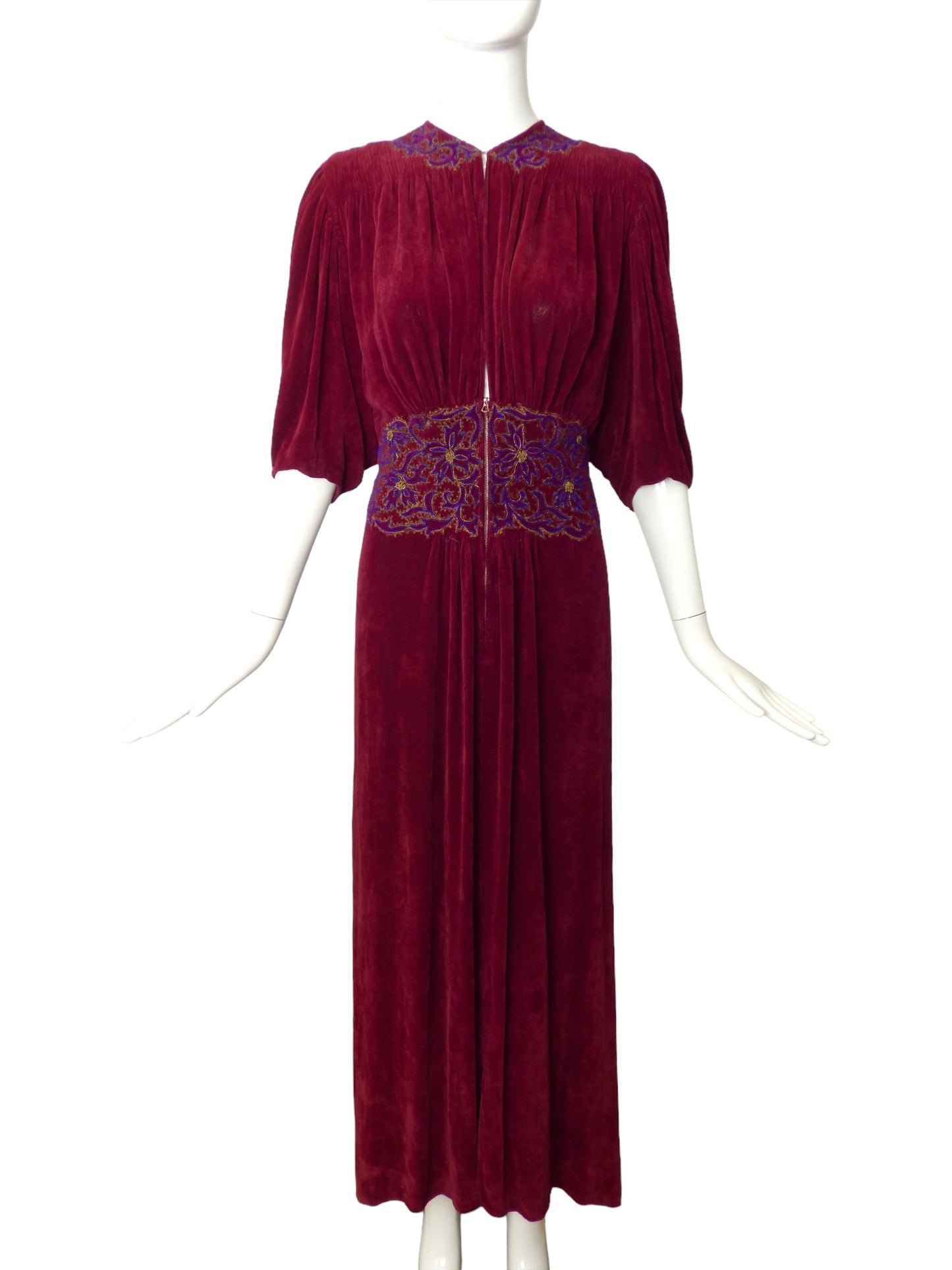 1940s AS IS Burgundy Velvet Beaded Gown, Size 8