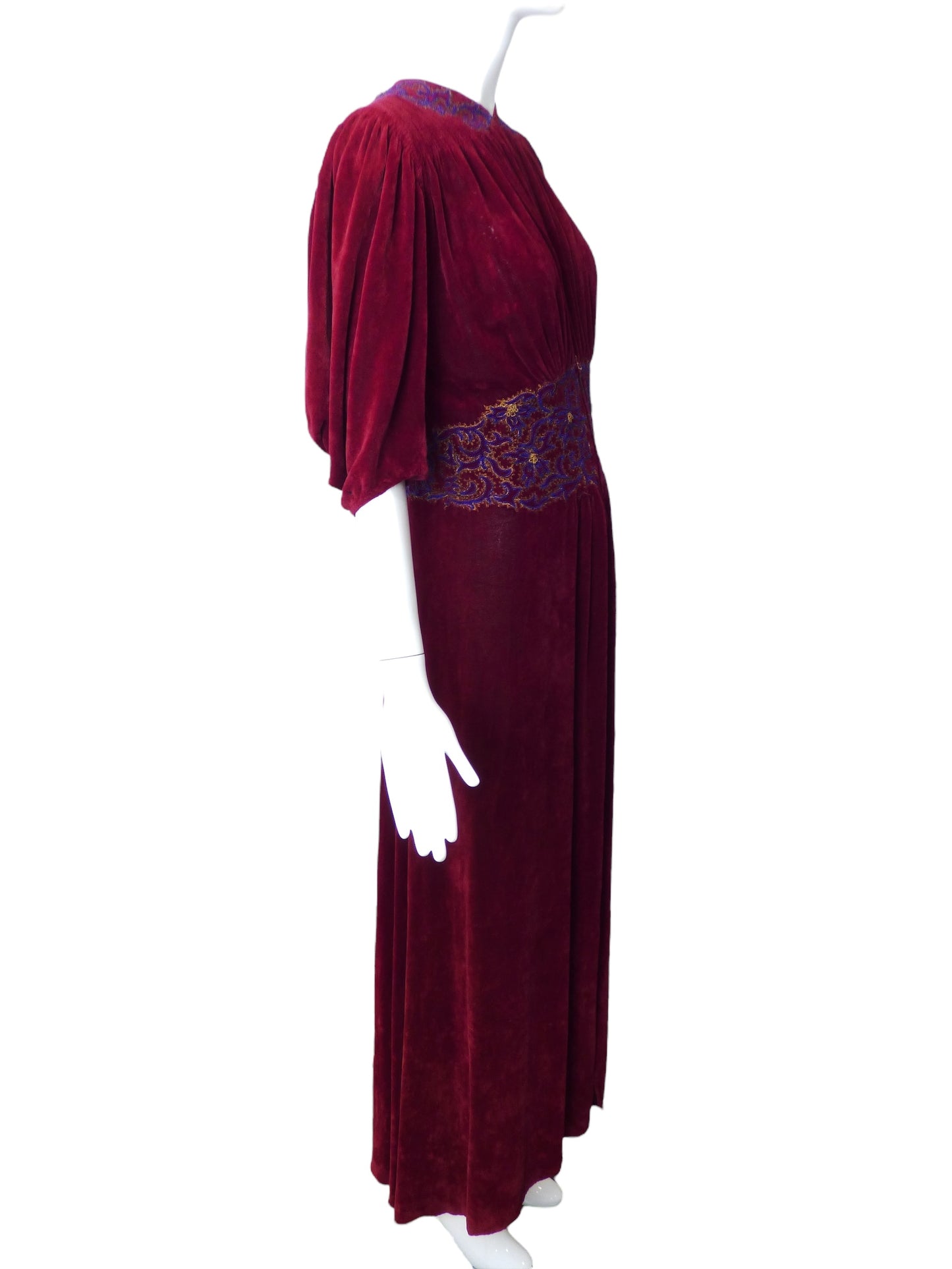 1940s AS IS Burgundy Velvet Beaded Gown, Size 8