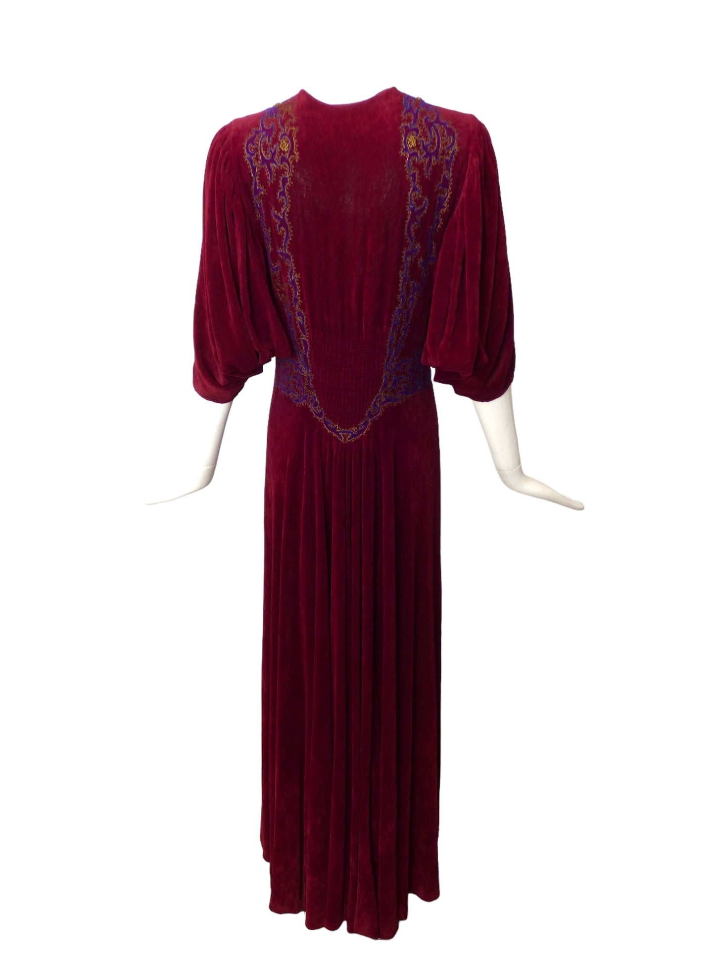 1940s AS IS Burgundy Velvet Beaded Gown, Size 8