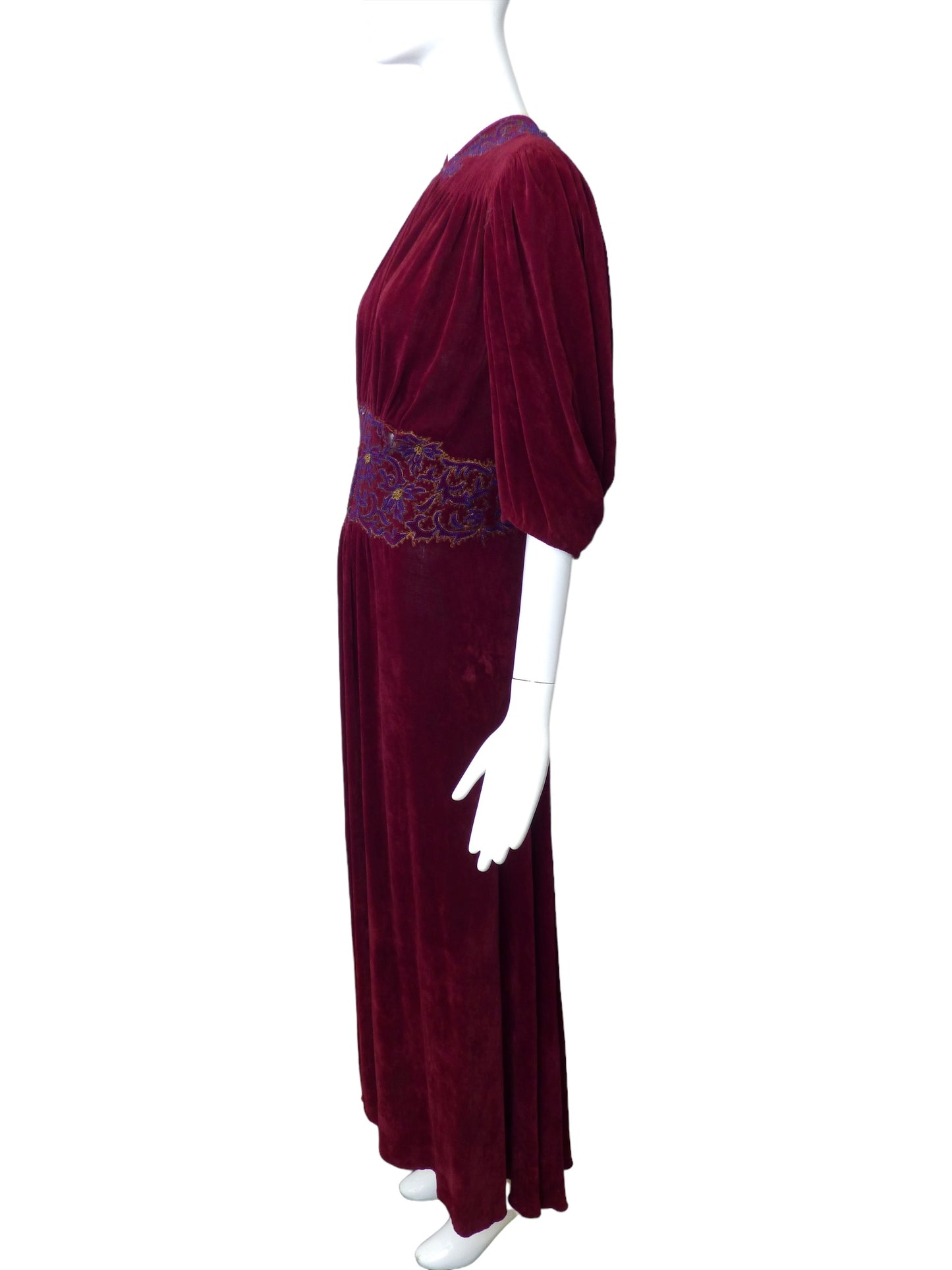 1940s AS IS Burgundy Velvet Beaded Gown, Size 8