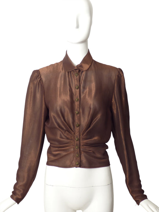 EMANUEL UNGARO- 1980s Brown Metallic Blouse, Size 4