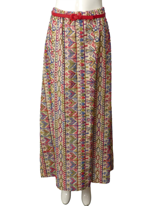 1970s Multi Color Embroidered Maxi Skirt, Size 6