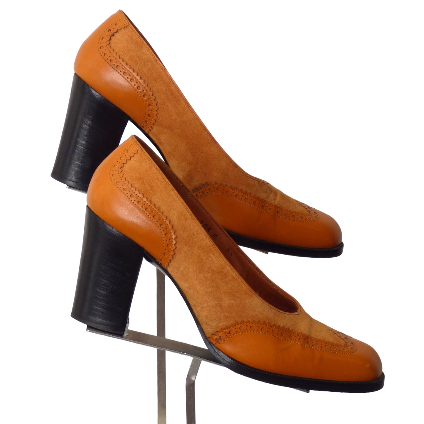 EMANUEL UNGARO- 1960s Orange Leather & Suede Brogue Pumps, Size 6.5B