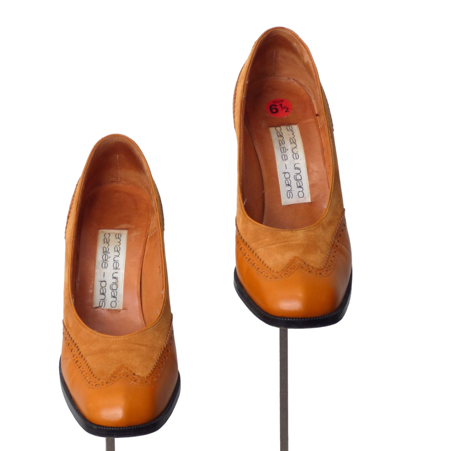 EMANUEL UNGARO- 1960s Orange Leather & Suede Brogue Pumps, Size 6.5B