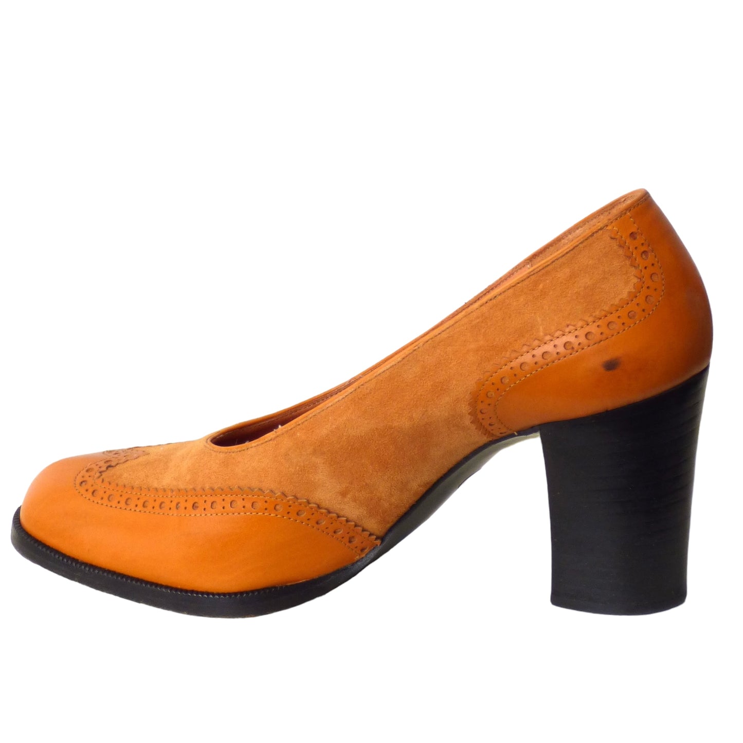 EMANUEL UNGARO- 1960s Orange Leather & Suede Brogue Pumps, Size 6.5B