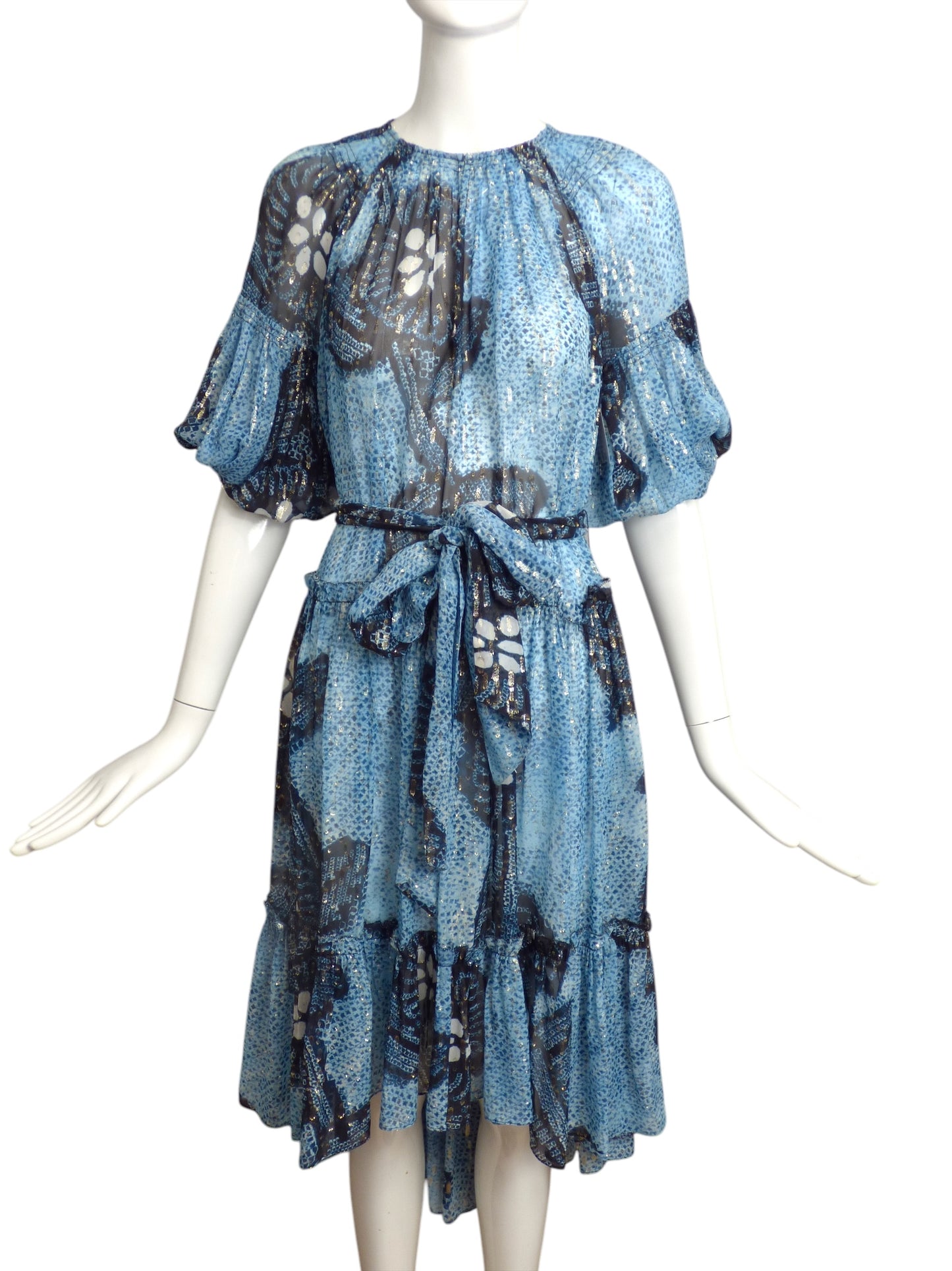 ULLA JOHNSON- Chiffon Print Peasant Dress, Size 14