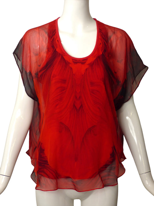 ALEXANDER MCQUEEN- 2010 Floral Silk Overlay Blouse, Size 8