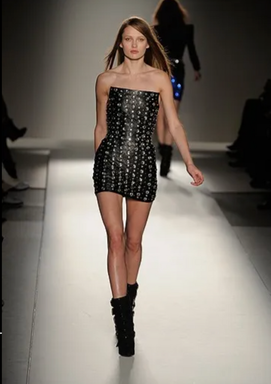 BALMAIN- NWT 2009 Black Leather Rhinestone Mini Dress, Size 8
