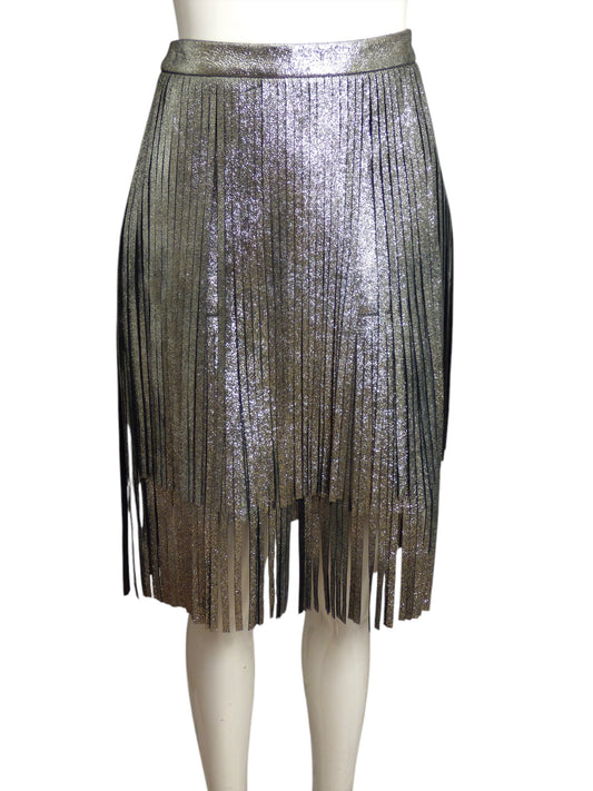 DROME- NWT Silver Metallic Fringe Leather Skirt, Size 6