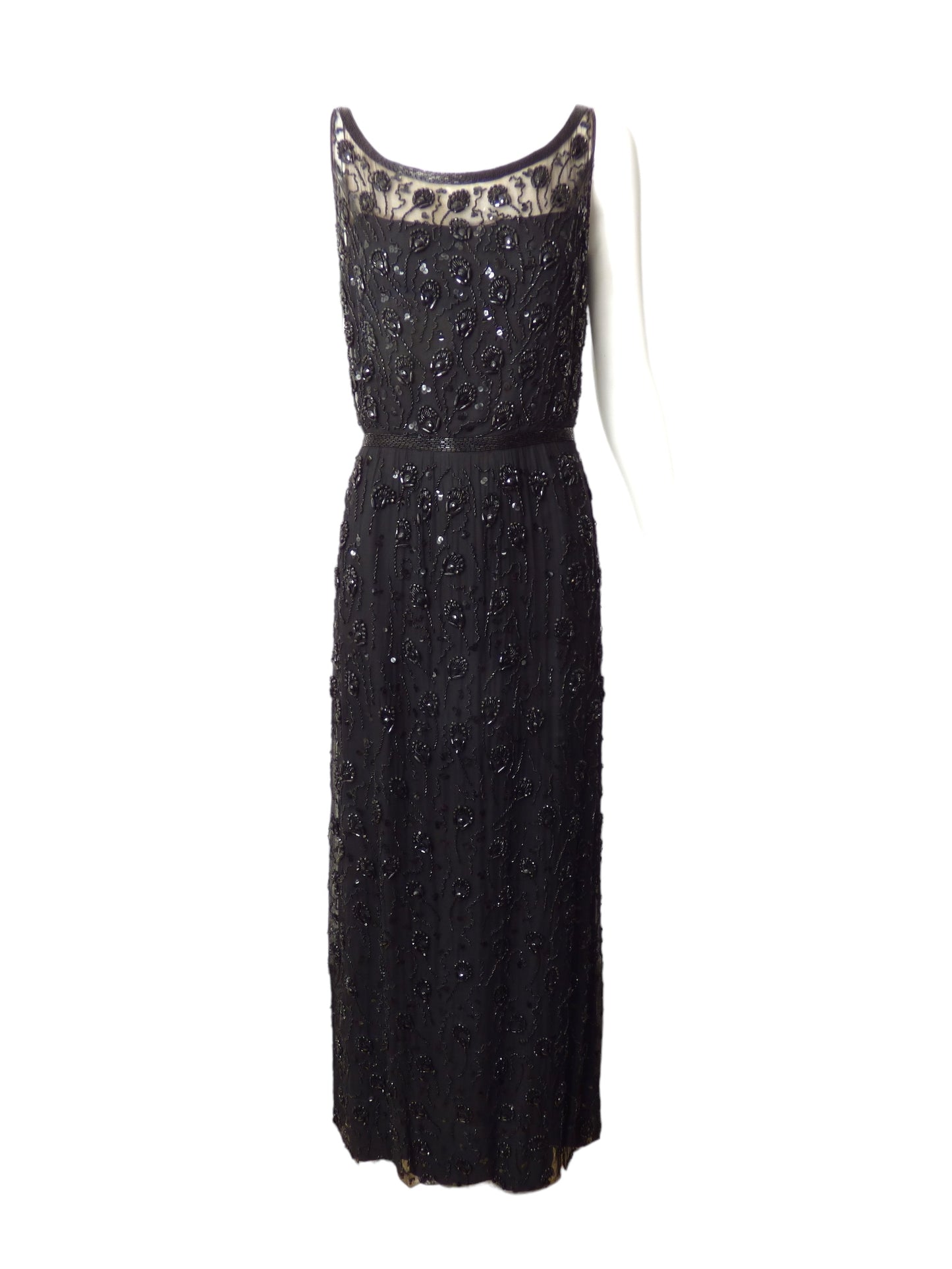 1960s Black Beaded Evening Gown, Size 8