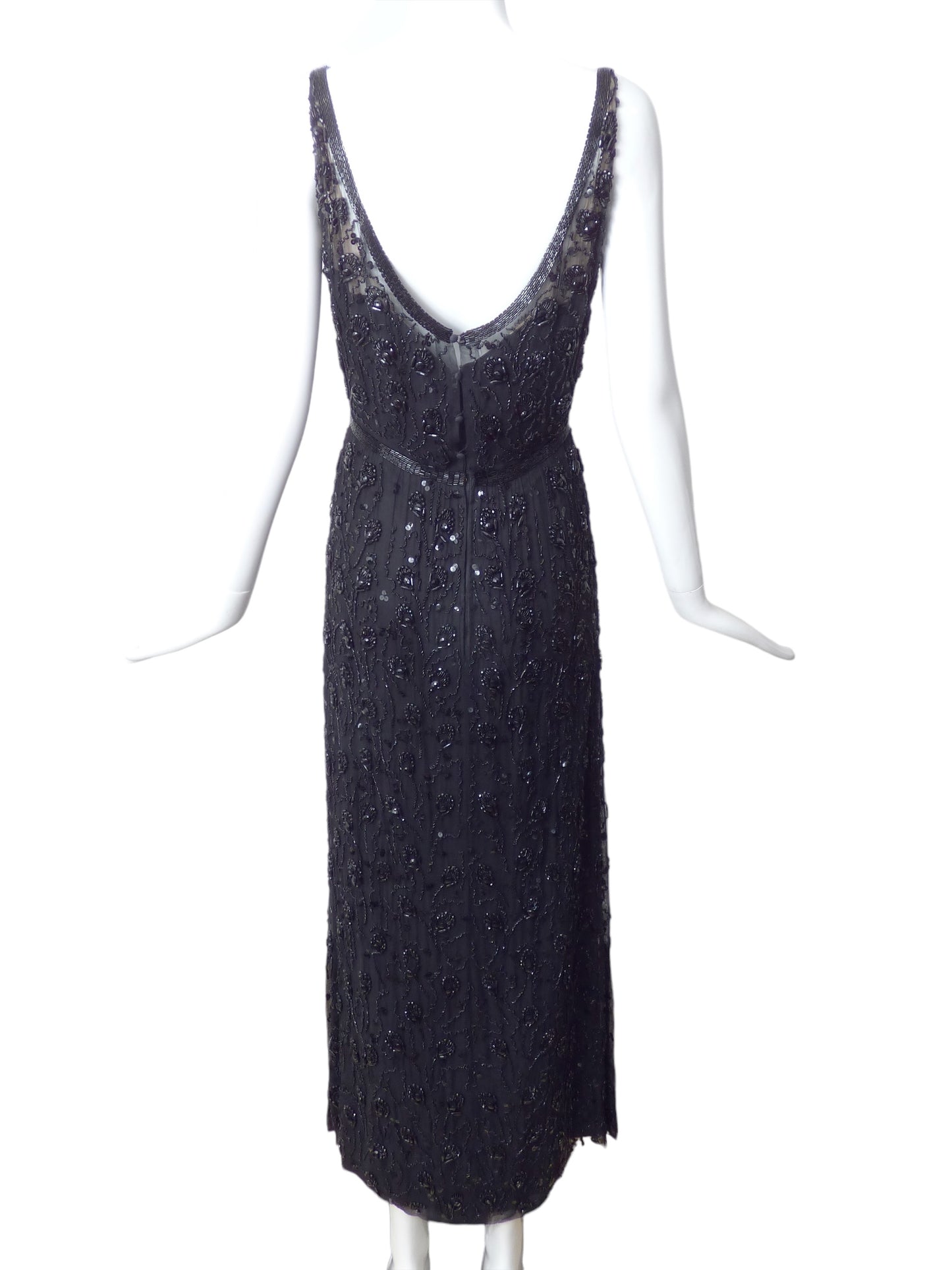 1960s Black Beaded Evening Gown, Size 8