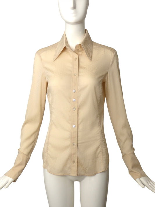 GUCCI- 2004 Ivory Logo Print Jacquard Blouse, Size 8