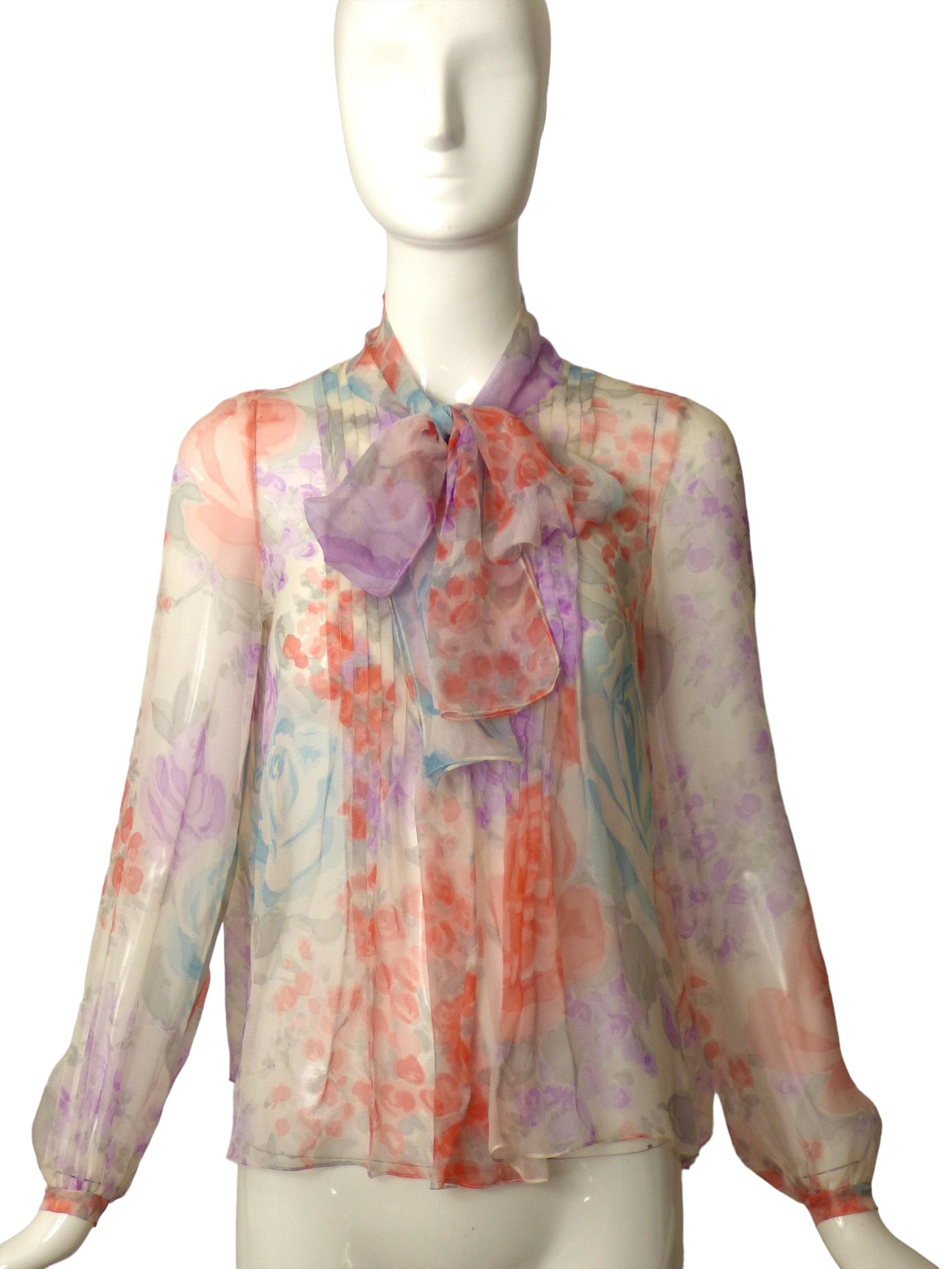 CHANEL-1970s Chiffon Print Blouse, Size 8