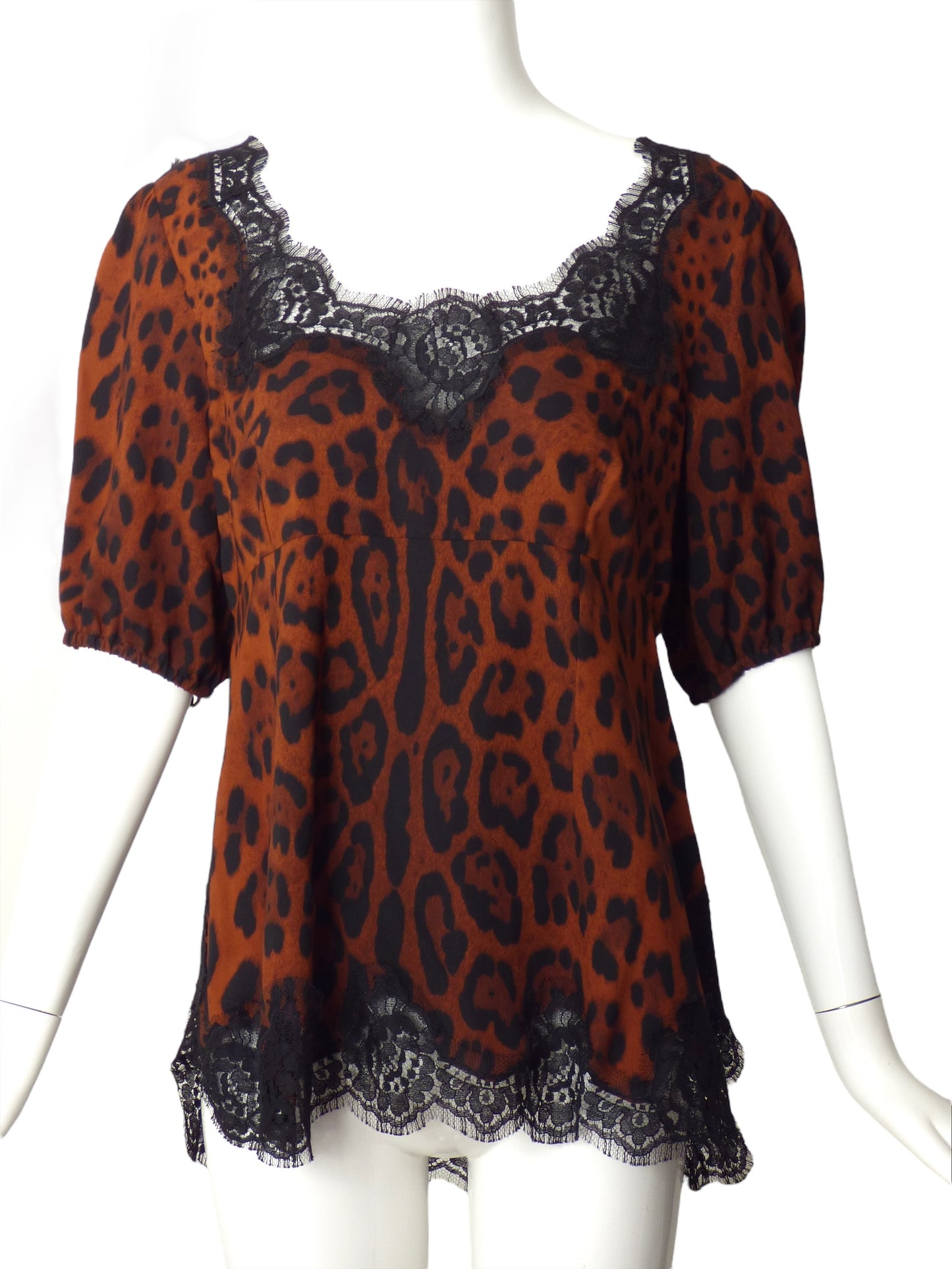 DOLCE & GABBANA- 1990s Brown Chiffon & Lace Blouse, Size 12