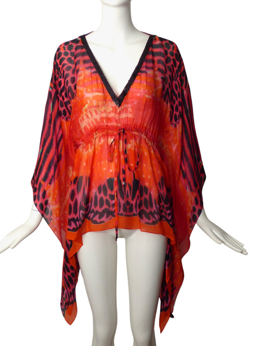 ROBERTO CAVALLI- Silk Print Caftan Blouse, Size 12