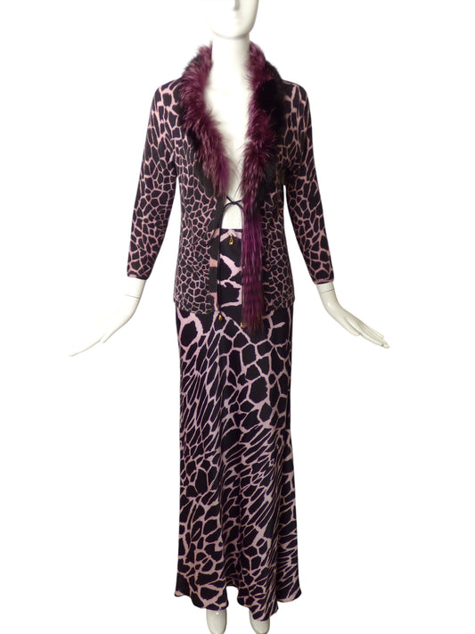 ROBERTO CAVALLI- 2pc Animal Print Fur Trimmed Ensemble, Size 8