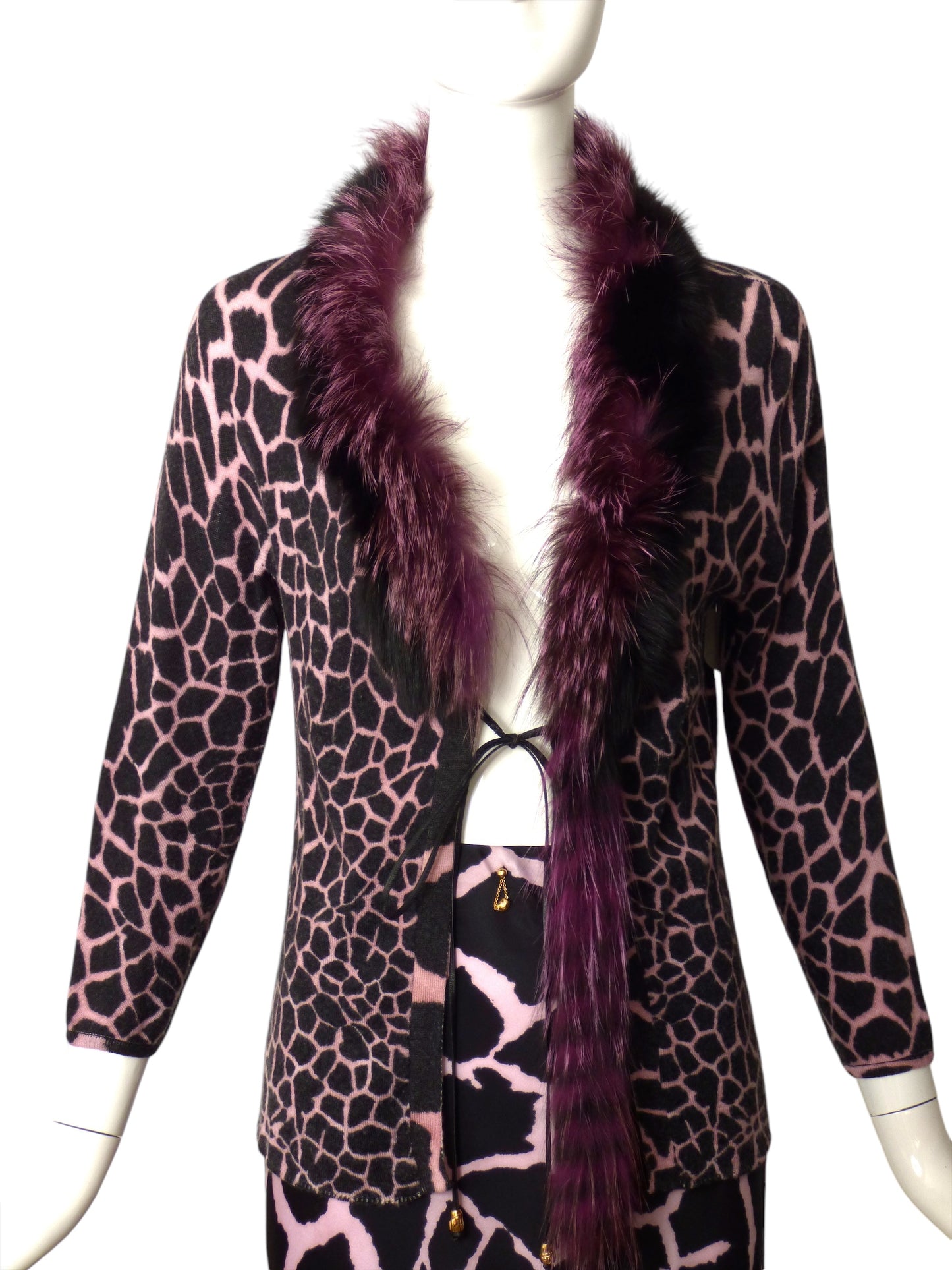 ROBERTO CAVALLI- 2pc Animal Print Fur Trimmed Ensemble, Size 8