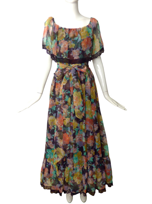 VICTOR COSTA-1970s Floral Chiffon Print Evening Dress, Size 4