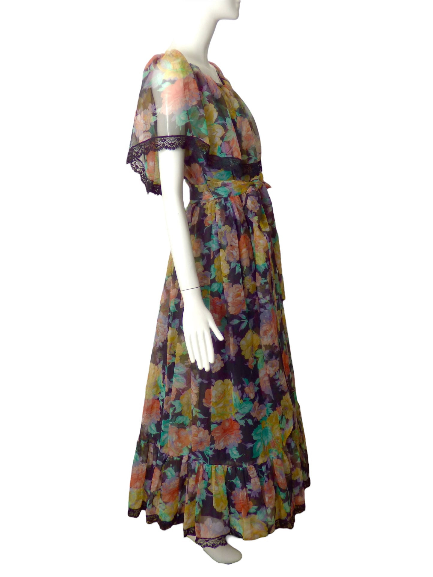 VICTOR COSTA-1970s Floral Chiffon Print Evening Dress, Size 4