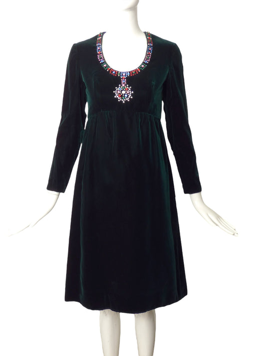 1960s Beaded Green Velvet Dress, Size 4