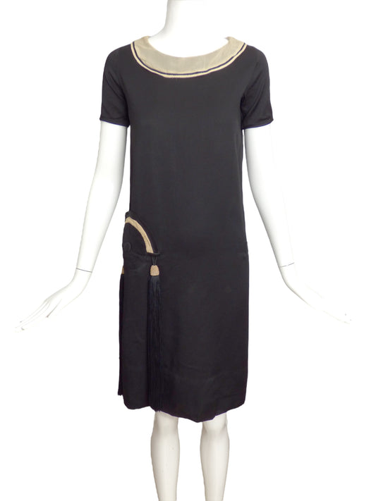 BLANCHE LEBOUVIER- 1920s Black Silk Tassel Dress, Size 2