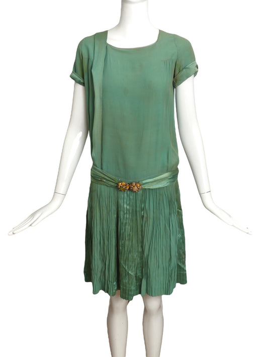 1920s Green Pleated Silk Flapper Dress, Size 2