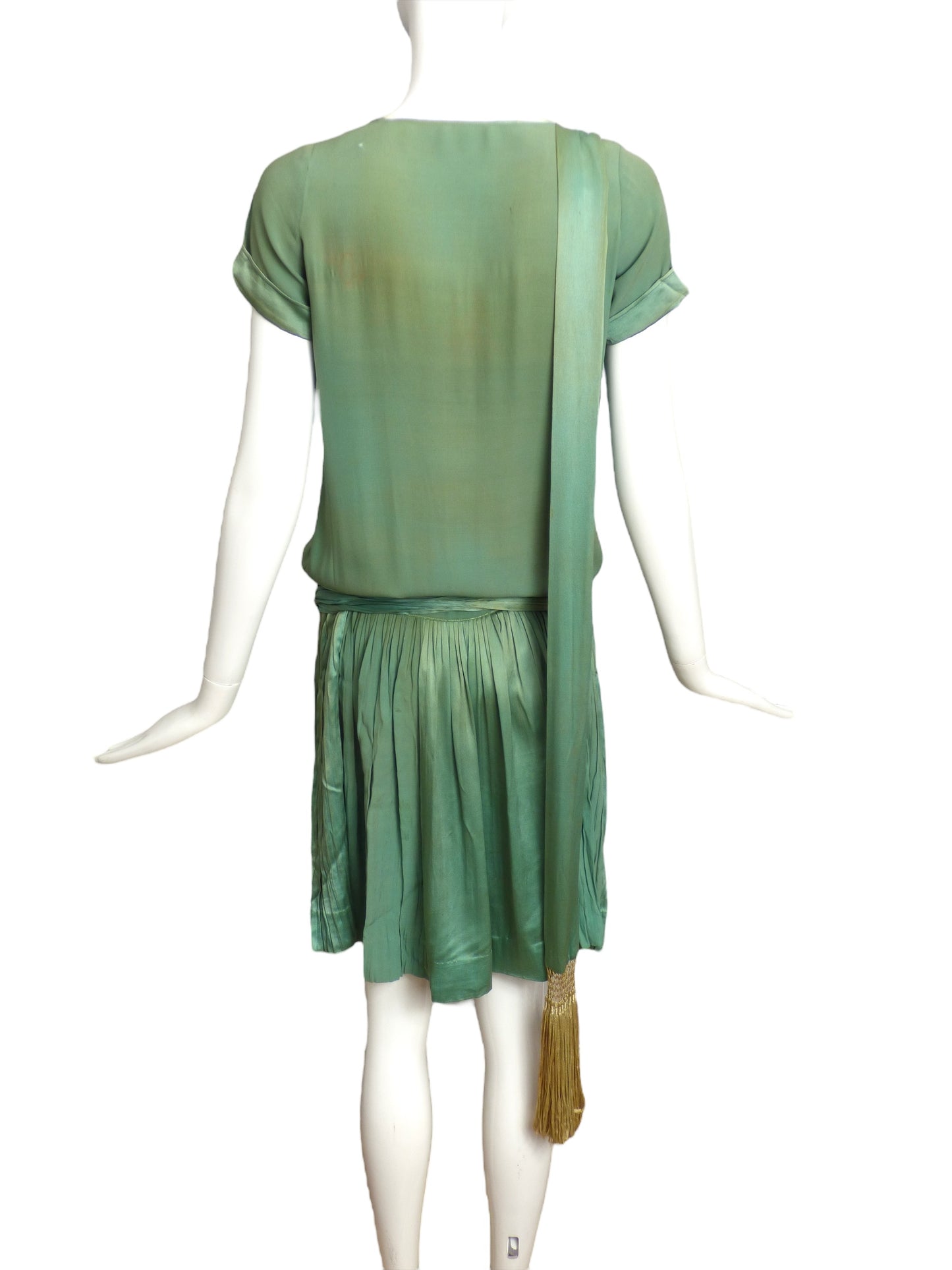 1920s Green Pleated Silk Flapper Dress, Size 2