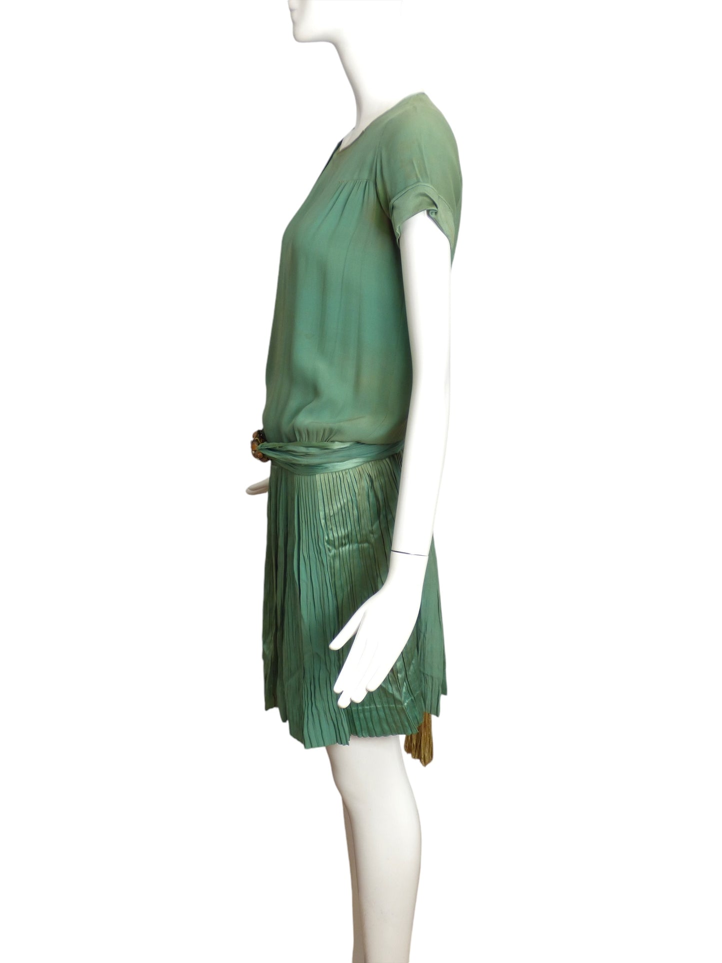 1920s Green Pleated Silk Flapper Dress, Size 2