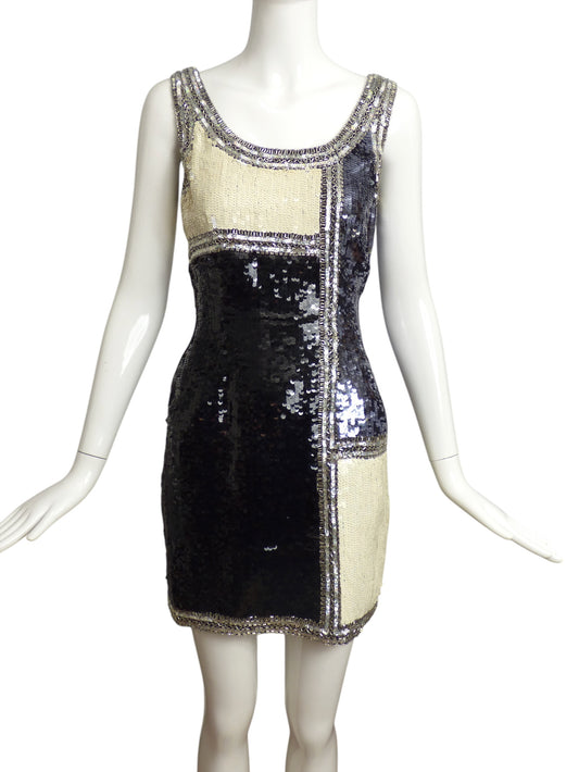 OLEG CASSINI- 1980s Sequin Color Block Dress, Size 4