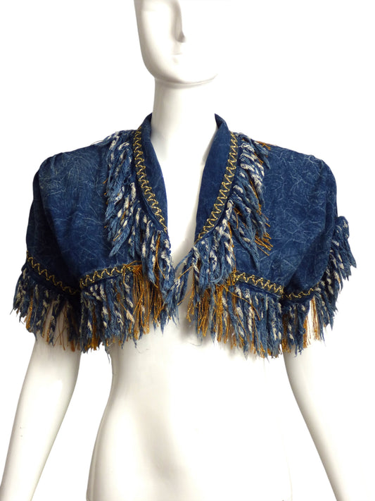 1980s Stone Wash Denim Fringe Bolero, Size 8