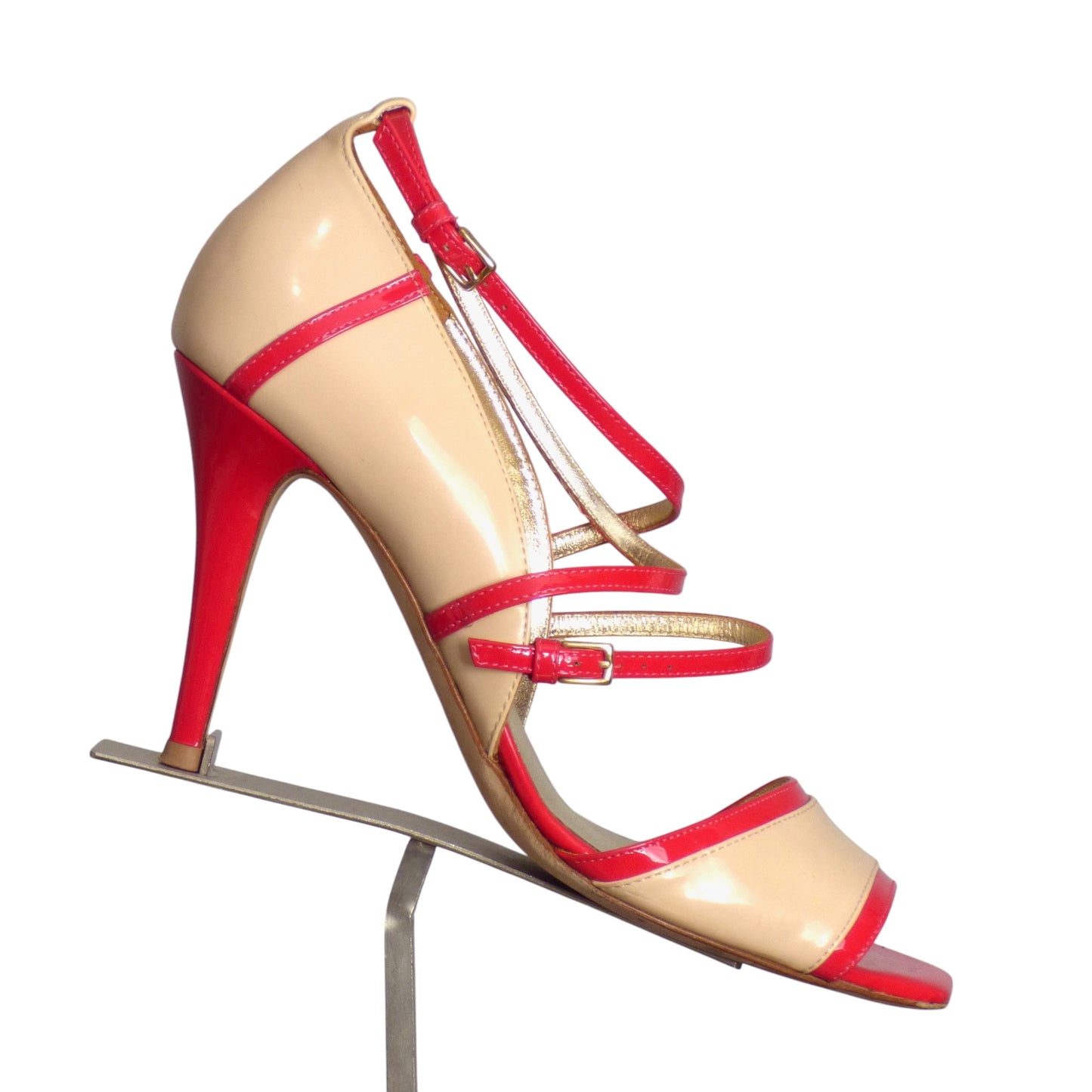 ESCADA- Red & Tan Patent Leather Strappy Sandals, Size 37.5